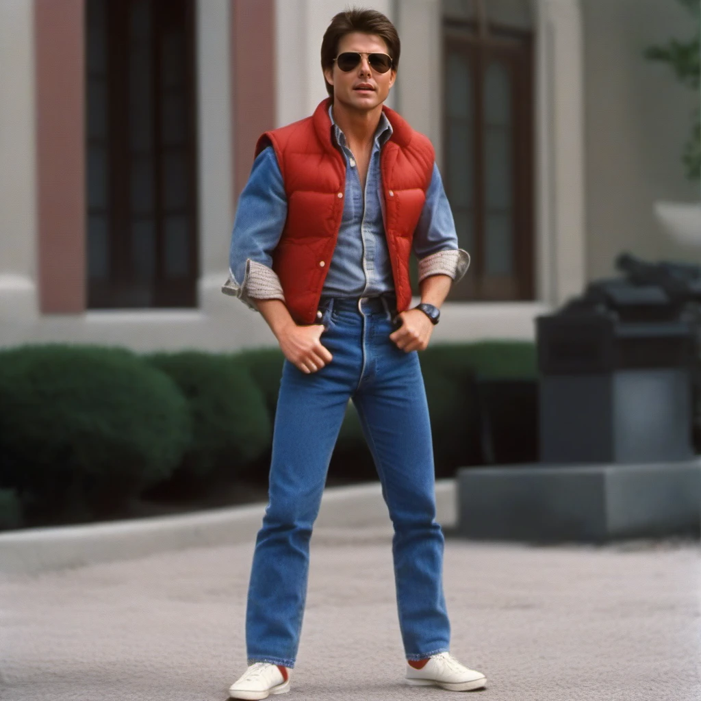 analog film photo tom cruise with a jeans shirt and pants, red sleeveless vest, with sunglasses , back to the future<lora:McFly1024:0.8> . faded film, desaturated, 35mm photo, grainy, vignette, vintage, Kodachrome, Lomography, stained, highly detailed, found footage