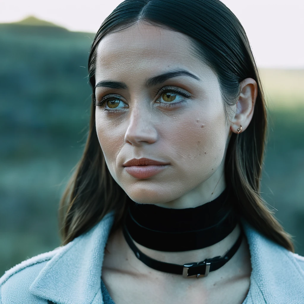 Skin texture, Super high res closeup portrait photo of a woman outdoors with straight hair, wearing a small choker around her neck,f /2.8, Canon, 85mm,cinematic, high quality,looking at the viewer, anxarmas, <lora:anarmas_juggerX_xl_3_standard-anxarmas-000096:1>