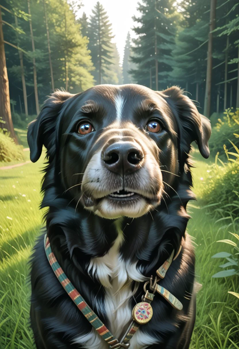 jxpdlz, no humans, grass, animal focus, animal, outdoors, dog, border collie, new zealand huntaway, dog,  portrait, photography, realistic, forest scene,PonyXLV6_Scores zPDXL