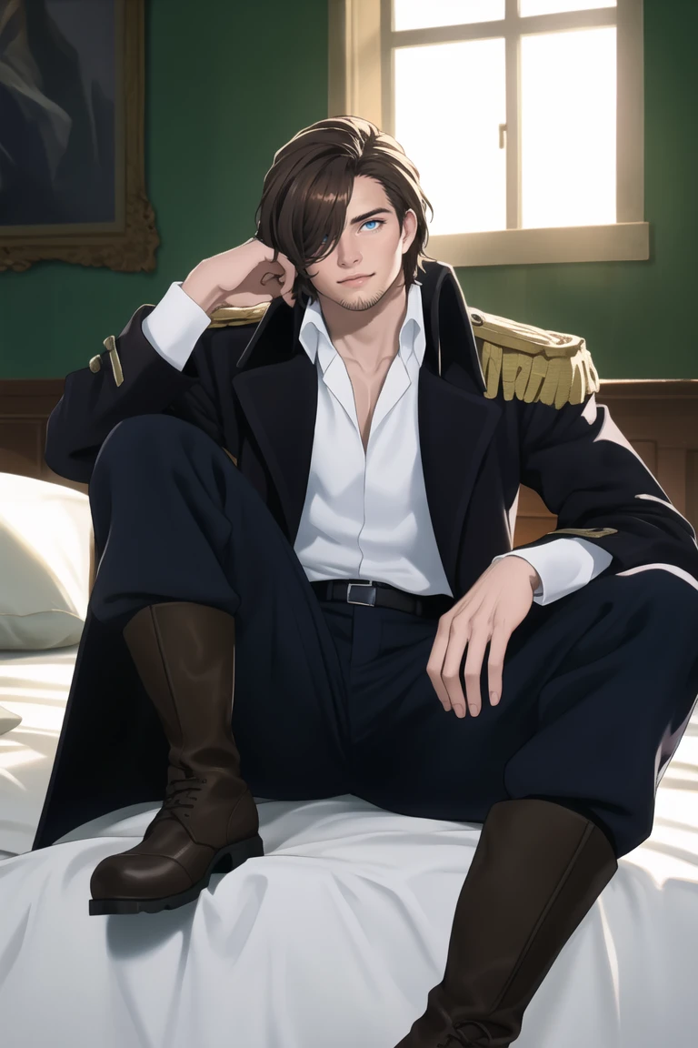 (human:1.2), highres, masterpiece, high quality, (high resolution:1.2), 1guy, solo, (Graf Granatbrown hair, brown hair, hair parted to one side, facial hair, stubble, blue eyes, sanpaku, hair over one eye), white collared shirt, exposed shirt, black pants, matching boots. dark blue coat, open coat, (coat over shoulders), gold epaulettes, muscular, sitting on bed, legs up, spread eagle position, lying back, body, (day, palace), looking at viewer, innocent face, depth of field, bokeh, detailed, highly detailed, sharp focus, intricate, smooth, elegant, fantasy, cinematic lighting, cinematic, masterpiece, matte, photorealistic, 4k, beautiful, volumetric lighting, dramatic, Gayspreadeagle<lora:EMS-359704-EMS:0.800000>, <lora:EMS-498-EMS:0.800000>