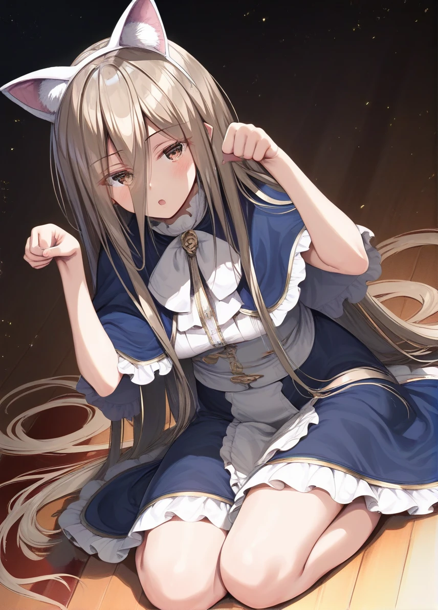 score_9, score_8_up, score_7_up, score_6_up, a girl sitting on the floor, paw pose, open mouth, fake cat ears, light particles, sunbeam, reflective floor,
<lora:noise_style_pony6_v1-000016:1> <lora:sense_sousou no frieren_PONY_last:0.6> sense \(sousou no frieren\),brown eyes,very long hair,absurdly long hair,hair between eyes,eyes visible through hair, blue capelet,frilled dress,white long dress
