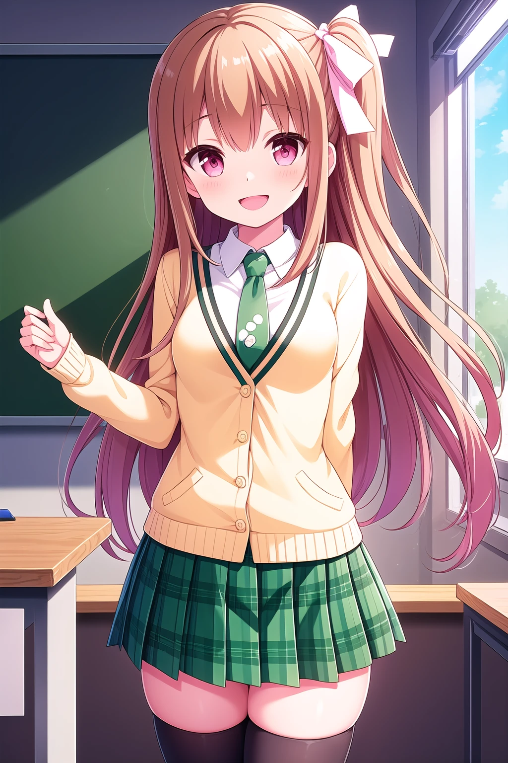 (masterpiece, best quality), highly detailed background, perfect lightingbest quality, asahinamomoko, solo, indoors, classroom, light brown hair, hair ribbon, white ribbon, one side up, hair between eyes, very long hair, pink eyes, small breasts, yellow cardigan, green necktie, white shirt, green skirt, plaid skirt, black bow, polka dot, black thighhighs, school uniform, smile, open mouth, :d, pink lips, <lora:Asahina-Momoko:0.7>