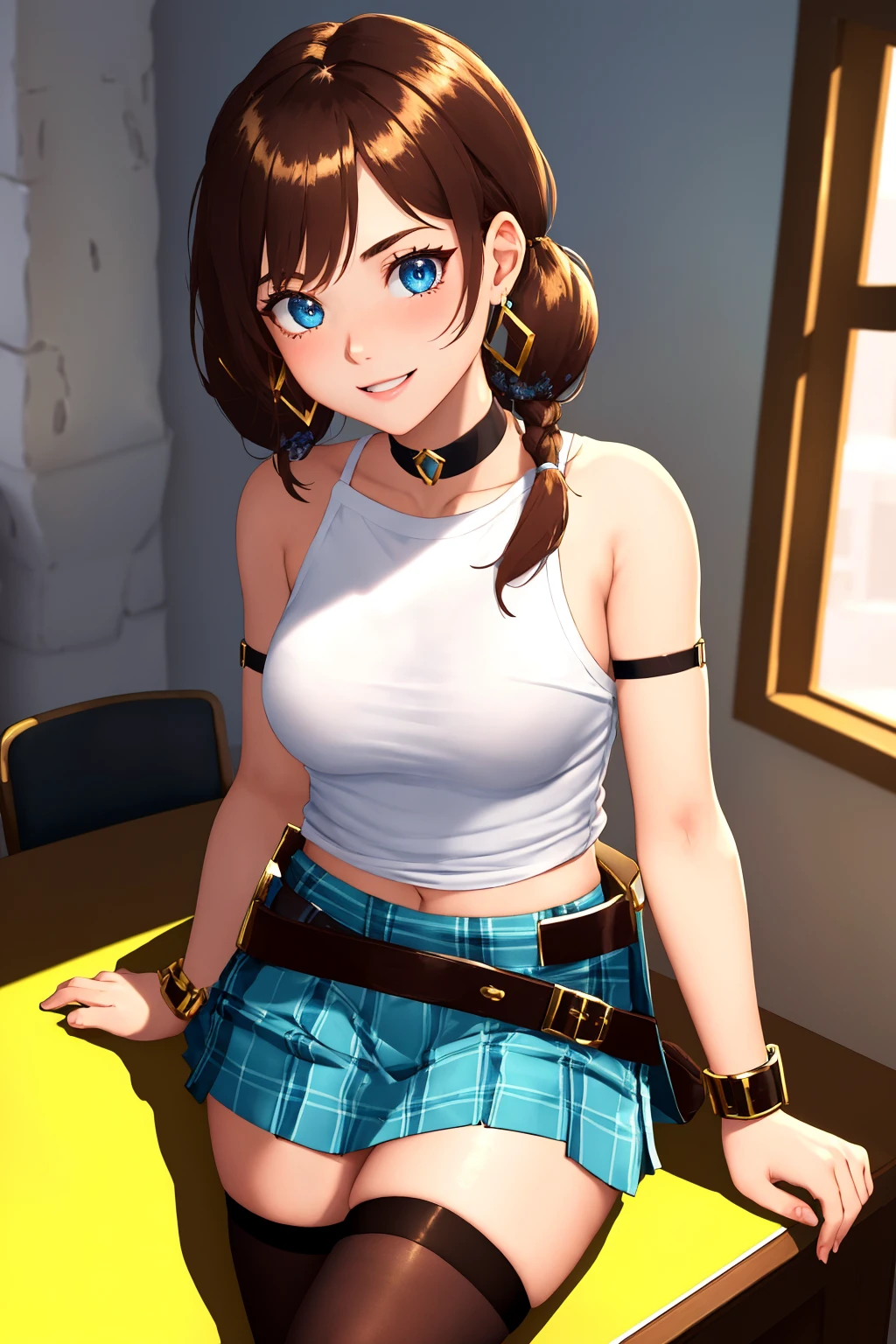 masterpiece, ultra-detailed, best quality, illustration, 8k cg wallpaper, an extremely delicate and beautiful, 1girl, solo, perfect anatomy, cute face, smiling, blushing, sparkling eyes, deep blue eyes, beautiful detailed eyes, dark brown hair, shoulder-length hair, twintails, cute hair accessories, cute earrings, cute choker, slim body, medium breasts, business outfit, perfect arms, cute arm accessories, black belt with gold buckle, light blue plaid skirt, cute thigh-high stockings, perfect legs, cute, pretty, beautiful, sexy, perfect body, (background: office, desk, chair, bulletin board, windows, intricately detailed items in background), <lora:Rime:1>