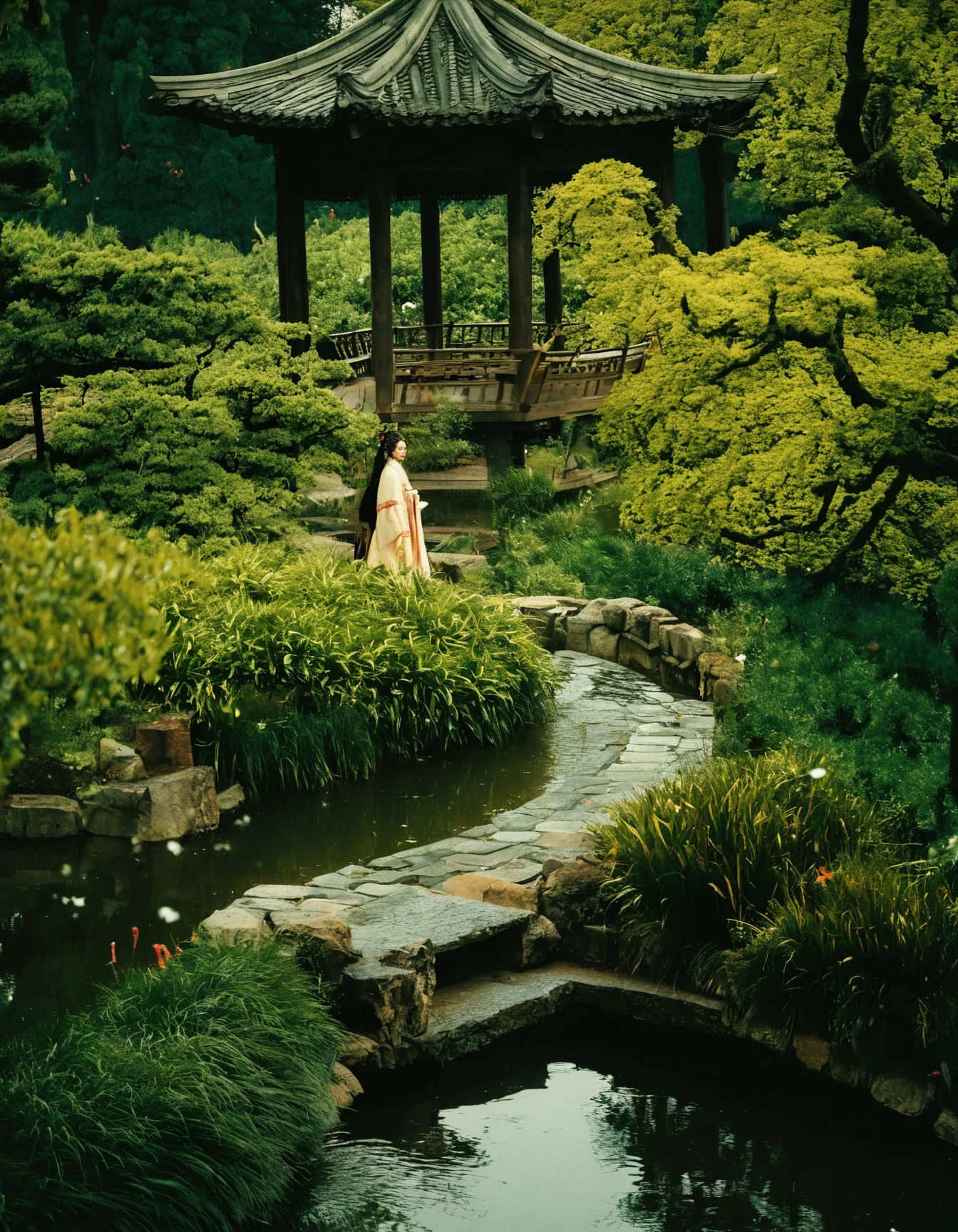 photograph tranquil classical garden a chinese woman in hanfu . winding paths, ornate pavilions, and koi ponds, 50mm . cinematic 4k epic detailed 4k epic detailed photograph shot on kodak detailed cinematic hbo dark moody, 35mm photo, grainy, vignette, vintage, Kodachrome, Lomography, stained, highly detailed, found footage