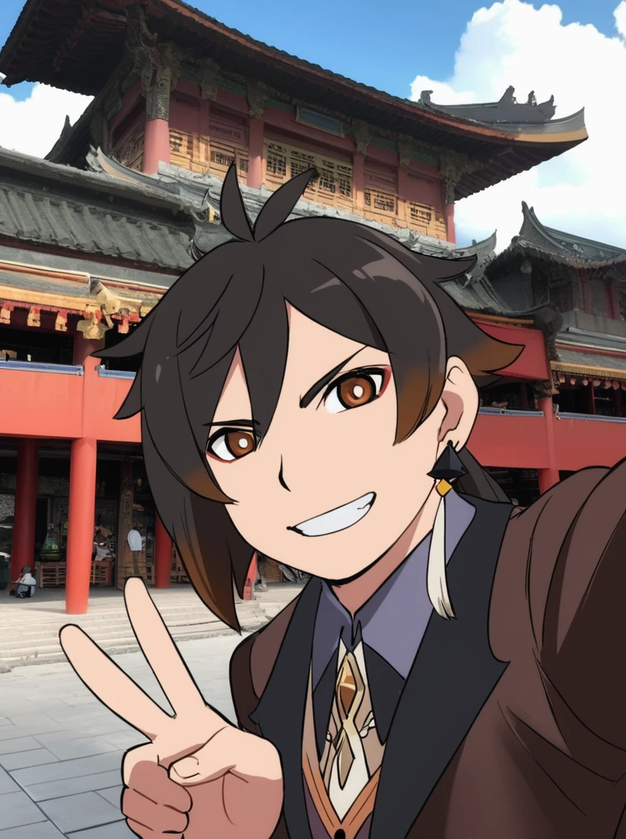 photo background,real life insert,real world location,HDR,
1boy,male focus,old man,solo,zhongli \(genshin impact\),selfie, pov,grin,earrings, suit,v,brown jacket,
the Forbidden City,traditional Chinese architecture,day,sky,blue sky, cloudy sky,
masterpiece, best quality,