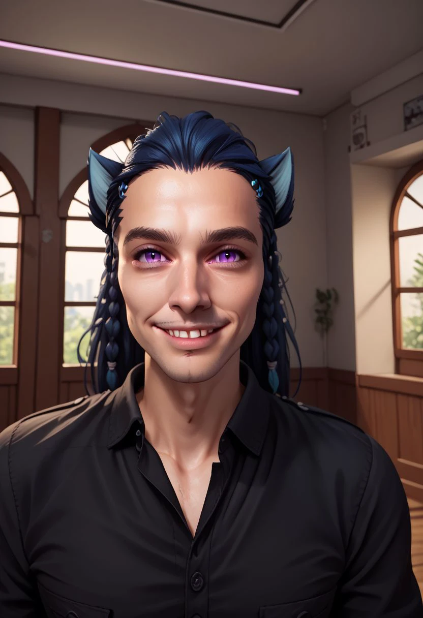 Tobias X'voor, solo, long hair, looking at viewer, smile, 1boy, animal ears, male focus, blue hair, purple eyes, braids,  black shirt, indoors, upper body, portrait, PonyXLV6_Scores zPDXL