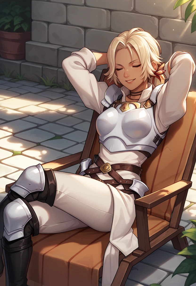 BREAK 1girl, reclining, arms behind head, crossed legs, closed eyes, smile, parted lips, feet out of frame, <lora:CatherineFE-pdxl:1> defCath, short hair, ponytail, hair ribbon, dark skin, breastplate, pauldrons, white pants, knee pads, choker, belt, thigh boots, outdoors, sunlight, lounge chair, cobblestone