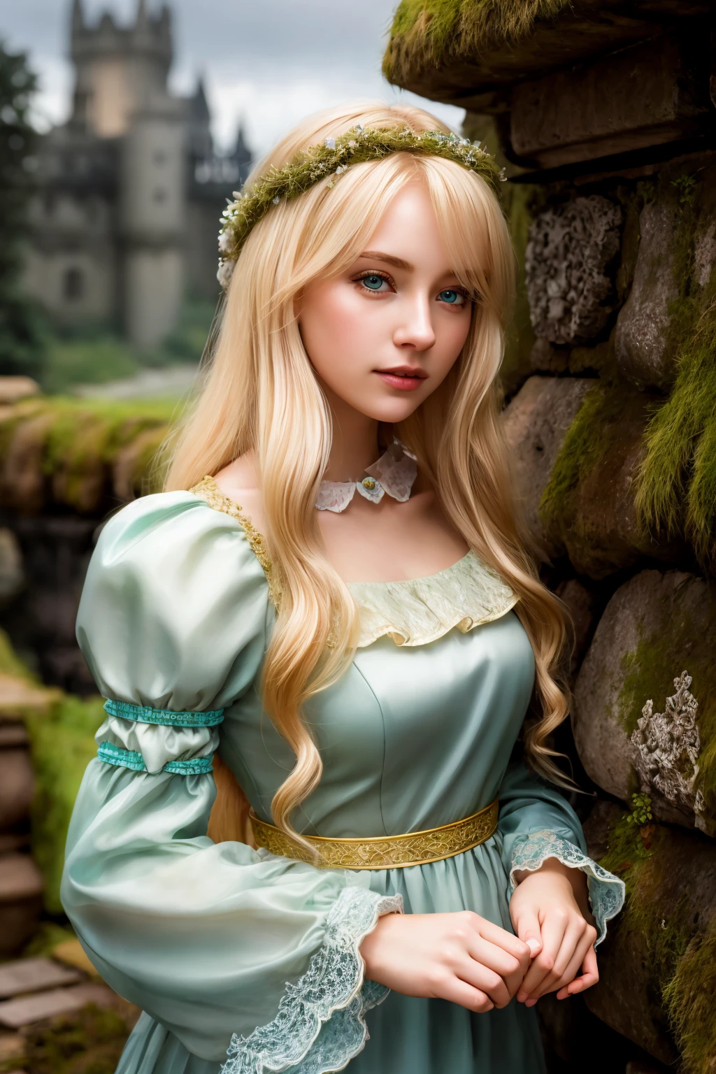 masterpiece, highly detailed 8k, best quality, volumetric lighting, volumetric lighting, intricate, Blond medium hair young woman in Cyan rfdrss, Restless, Ivory eyes, Moss-Covered Stone Walls in Castles background <lora:ruffled dress v4.3-000007:1>