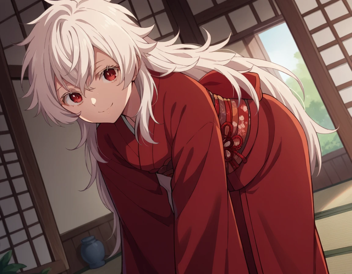 score_9, score_8_up, score_7_up, source_anime,
summertimehaine,  <lora:summertime-haine-s1-ponyxl-lora-nochekaiser:1>,
haine, long hair, bangs, red eyes, white hair,
japanese clothes, kimono, red kimono,
indoors, smile, bent over,
looking at viewer, dutch angle, cowboy shot, solo,