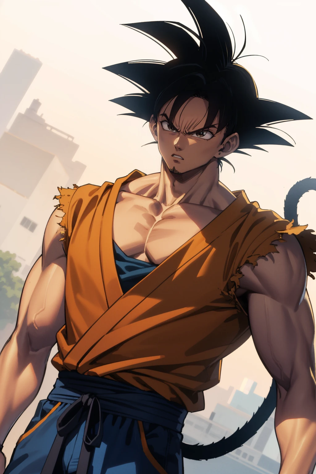 masterpiece, best quality, 1boy, solo, son goku, angry, black hair, tail, upper body, 1990s \(style\), dutch angle, detailed_background