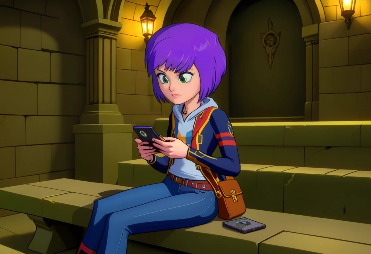 (best quality, masterpiece, absurdres, highres, ultra_detailed, dynamic angle:1.2), zarya \(mysticons\) casual outfit <lora:mysticons_zarya_casual_xl:1>, 1girl, purple hair, green eyes, playing a game on her phone, sit on a bench in a crypt, cartoon, cartoon style, (intricate details, hyperdetailed:1.15), (ultrahigh resolution textures), bokeh, (volumetric, cinematic) lighting