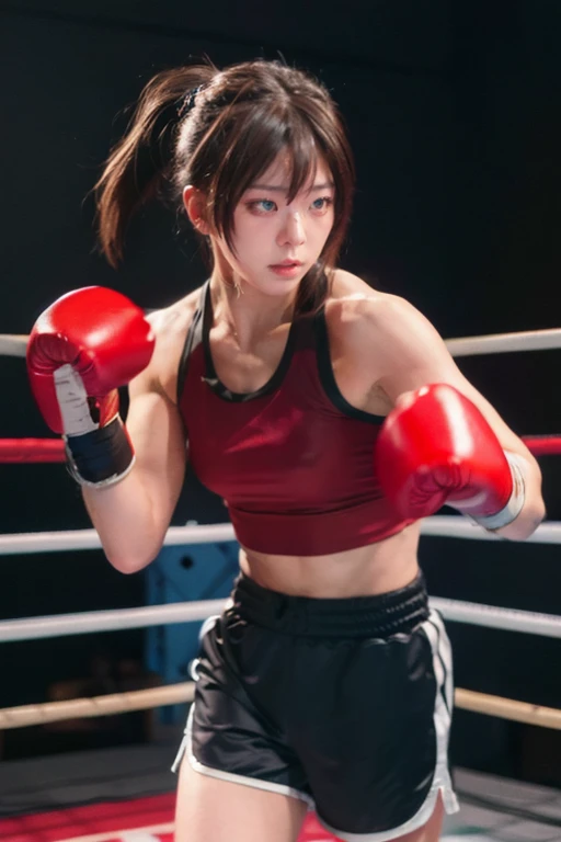 (masterpiece:1.3),absurdres,(best quality:1.2),Cinematic Lighting,(photorealistic:1.3),cowboy shot,fighting stance,1girl,solo,long hair,ponytail,boxing,black tank top,red boxing gloves,black boxing shorts,gym background,indoors,