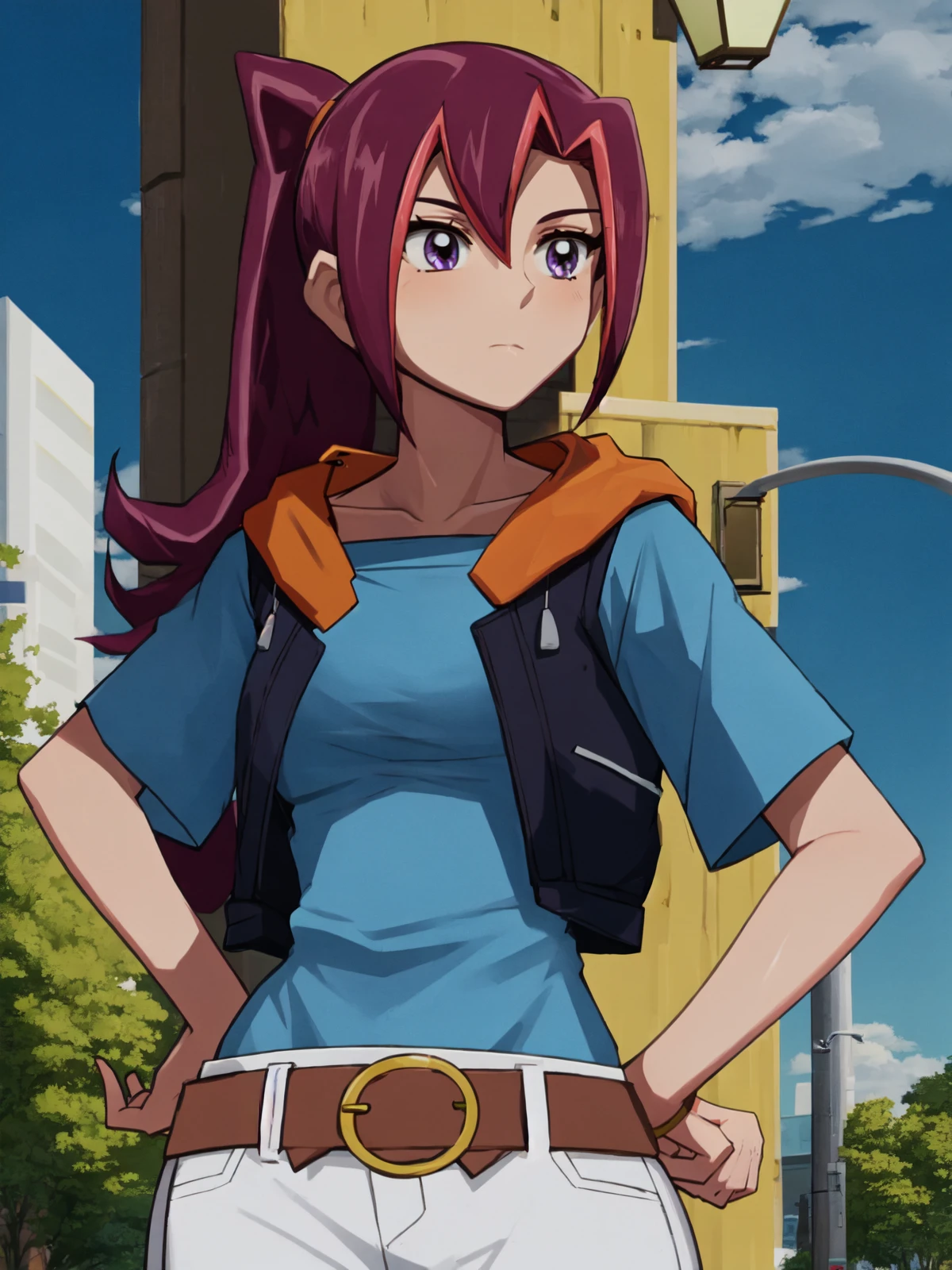 SLE, mksks style, detailed background absurdres, highres, cowboy shot, solo, 1girl, <lora:Akari Tsukumo (Yu-Gi-Oh ZEXAL):1>, akari_tsukumo, akari_default, standing, contrapposto, hand on own hip, expressionless, looking away, city, road, lampposts, blue sky, clouds, sunlight, outdoors