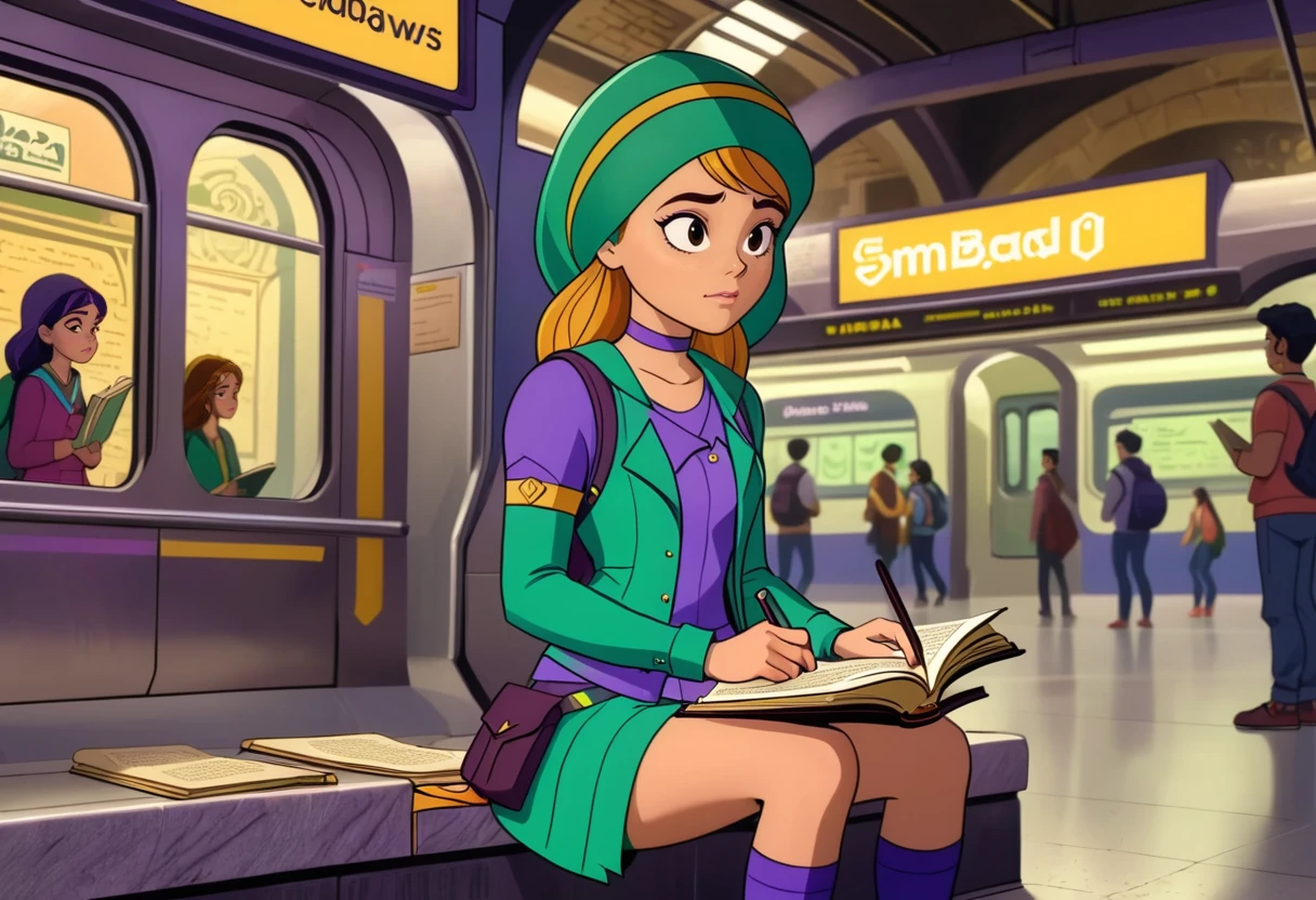 (best quality, masterpiece, absurdres, highres, ultra_detailed, dynamic angle:1.2), emerald \(mysticons\) casual outfit <lora:mysticons_emerald_casual_xl:1>, 1girl, sit in a subway station, looking down, reading a spellbook, cartoon, cartoon style, (intricate details, hyperdetailed:1.15), (ultrahigh resolution textures), bokeh, (volumetric, cinematic) lighting