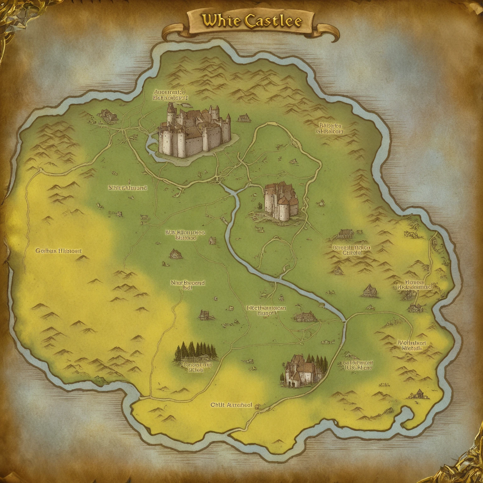 small map of white castle near forest and river, village and yellow field, text <lora:sxz-wowmap-civit-sdxl:0.75>