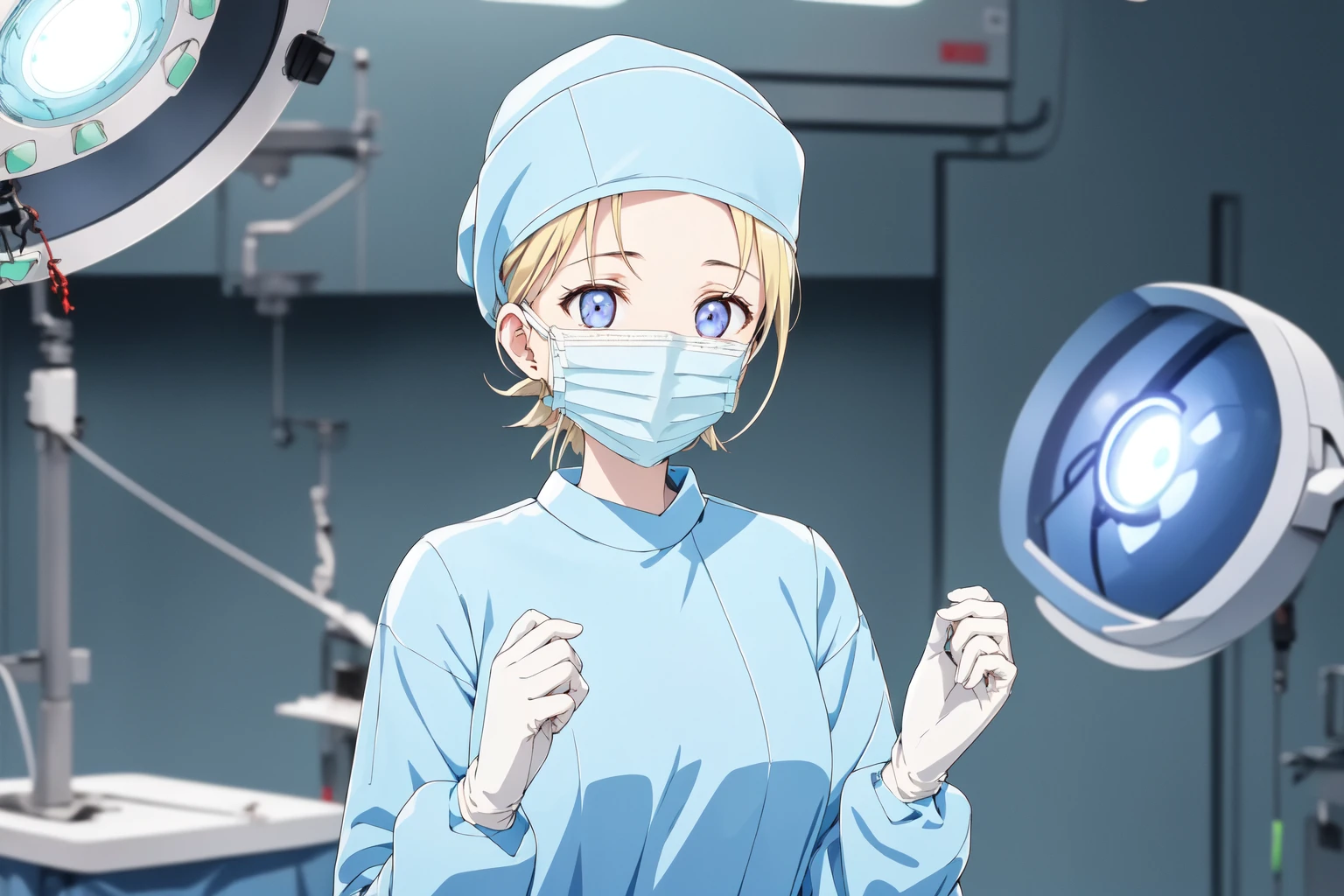 (RAW photo, best quality), 1girl, long sleeve surgical outfit, surgical mask,  surgical gloves, surgical cap,  operating room, overhead surgical light, (solo), blurred background, focused
 <lora:concept_clothing_surgical_outfits_hand_over_chest_v3_1-000002:1>, hand_over_chest,
 <lora:elise_de_clorance_v1_2:1> elise_de_clorance, blonde,