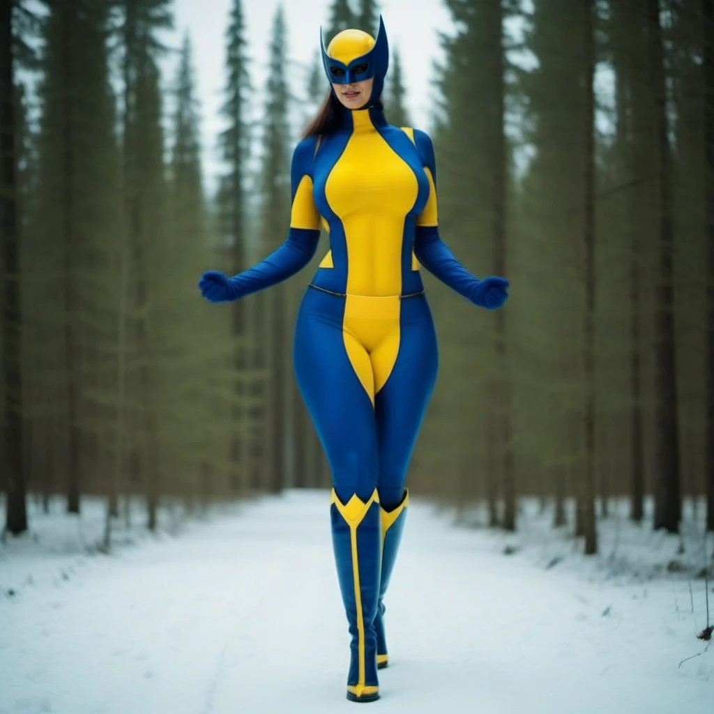 cinematic photo a full body big breast woman with a mask and a blue and yellow bodysuit, highheel high boots, snowy forest <lora:X-23-1024:0.8> . 35mm photograph, film, bokeh, professional, 4k, highly detailed