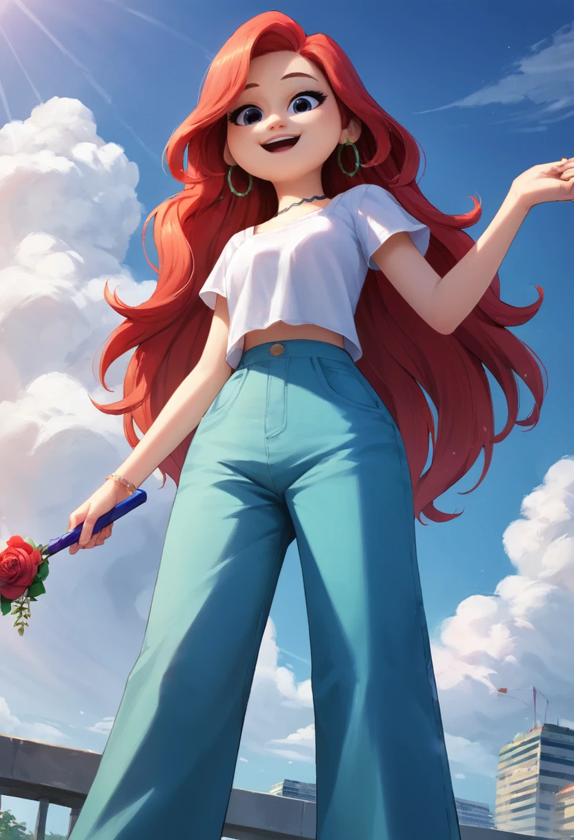 masterpiece,best quality, highly detailed, score_9, score_8_up, score_7_up, score_6_up,<lora:xl_more_art-full_v1:0.8>,source_anime,
BREAK
<lora:chelsea:0.8>chelsea, 1girl, solo, long hair, pants, jewelry, holding, earrings, sky, open mouth, red hair, feet out of frame, smile, cloud, hoop earrings, day, from below