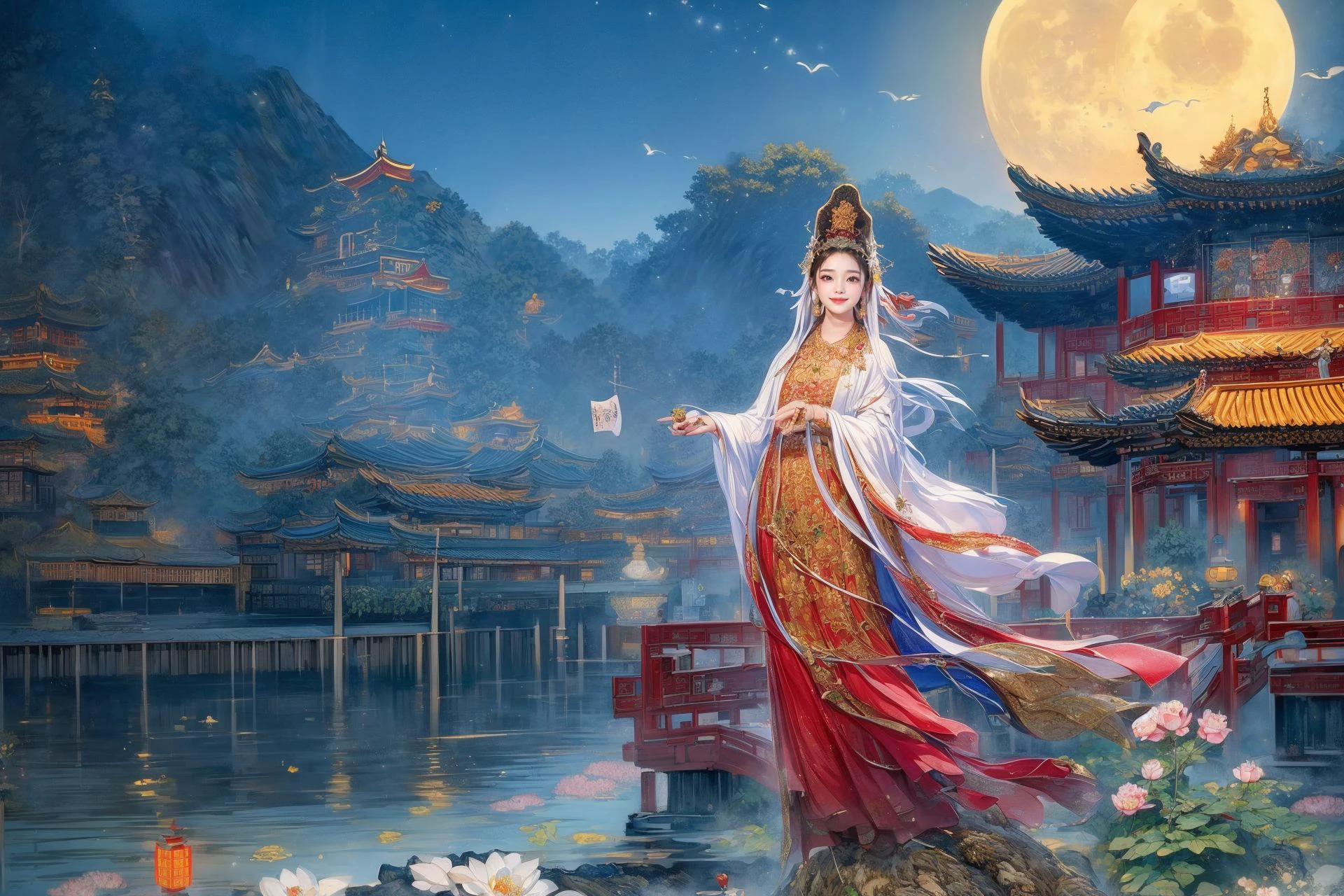 ((best quality)), ((masterpiece)), (detailed) ,
((guanyin,1girl),water,traditional media,jewelry, moon,flowers),
 (xinjin ,chinese text,  text focus,wall of text),
jile, east asian architecture,architecture,
<lora:add_detail:1>,<lora:yuzuv10:0.5>, <lora:bguanyinv3:0.887>