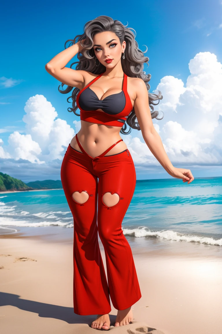 (Fisheye-shot:1.1), (jojo_pose:1.1),(full body photo:1.3), adult woman, (Beachy Waves:1.3), smirk, seductive, (gray eyes:1.1), wearing hud_ctot_otft, cutout, red crop top, red pants, clothing cutout, cleavage, midriff, <lora:cutout_outfit-000008:0.8>, makeup, pouty red lips, detailed skin texture, (blush:0.5), (goosebumps:0.5), subsurface scattering, cinematic