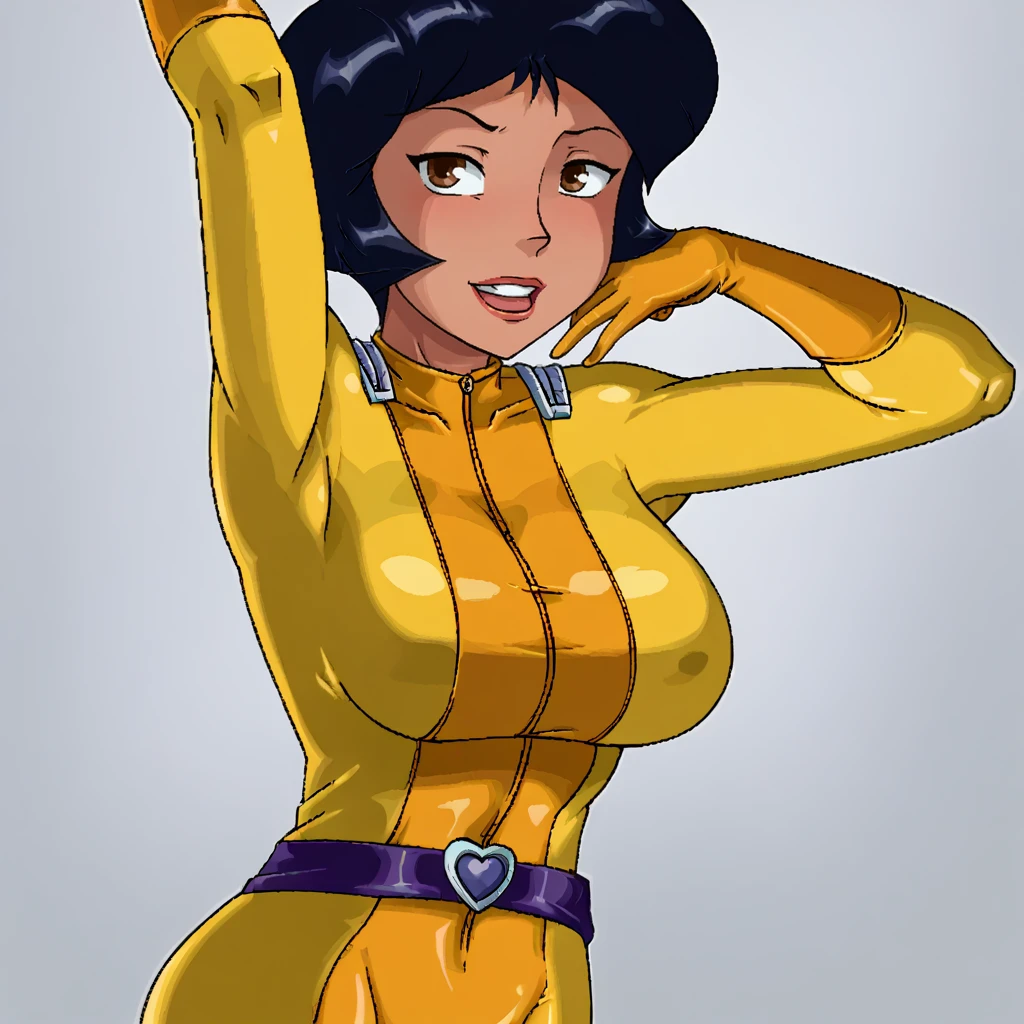 score_9,  large breasts, <lora:MindsEdge_XL:1> mindsedge, e!, portrait,    <lora:brj-alex-ponyXL-v0.5:1> alex \(totally spies\), short hair, black hair, brown eyes,  || yellow bodysuit, belt