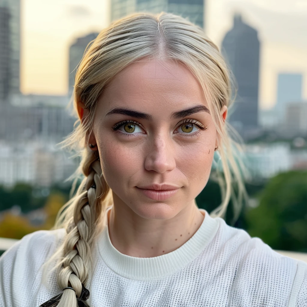 (Skin Texture, pores, natural,iPhone,RAW)), natural lighting, Highest Quality (closeup) Portrait photo of a woman with long braided platinum blonde hair, Nikon Z9, realistic matte skin, blurry city in the background, 8K, ((looking straight at the camera)), anxarmas, <lora:anarmas_juggerX_xl_3_standard-anxarmas-000096:1>