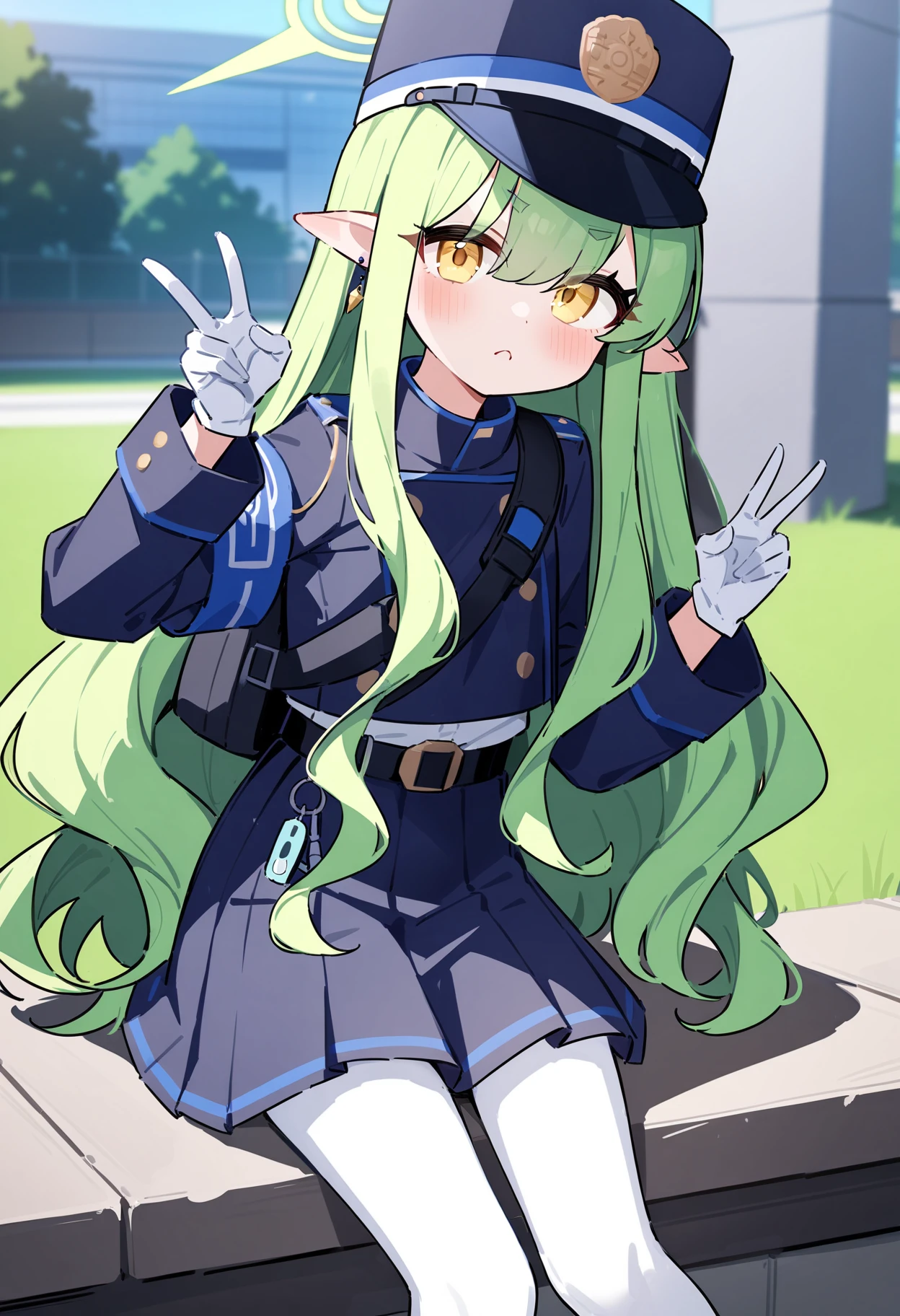 1girl, hikari \(blue archive\), blue archive, peaked cap, green hair, long hair, yellow eyes, pointy ears, white gloves, white pantyhose, demon tail, blue armband, black backpack, blue uniform, black belt, cowboy shot, belt chain, double v, outdoors, sitting, single earring,, masterpiece, best quality, very aesthetic, absurdres