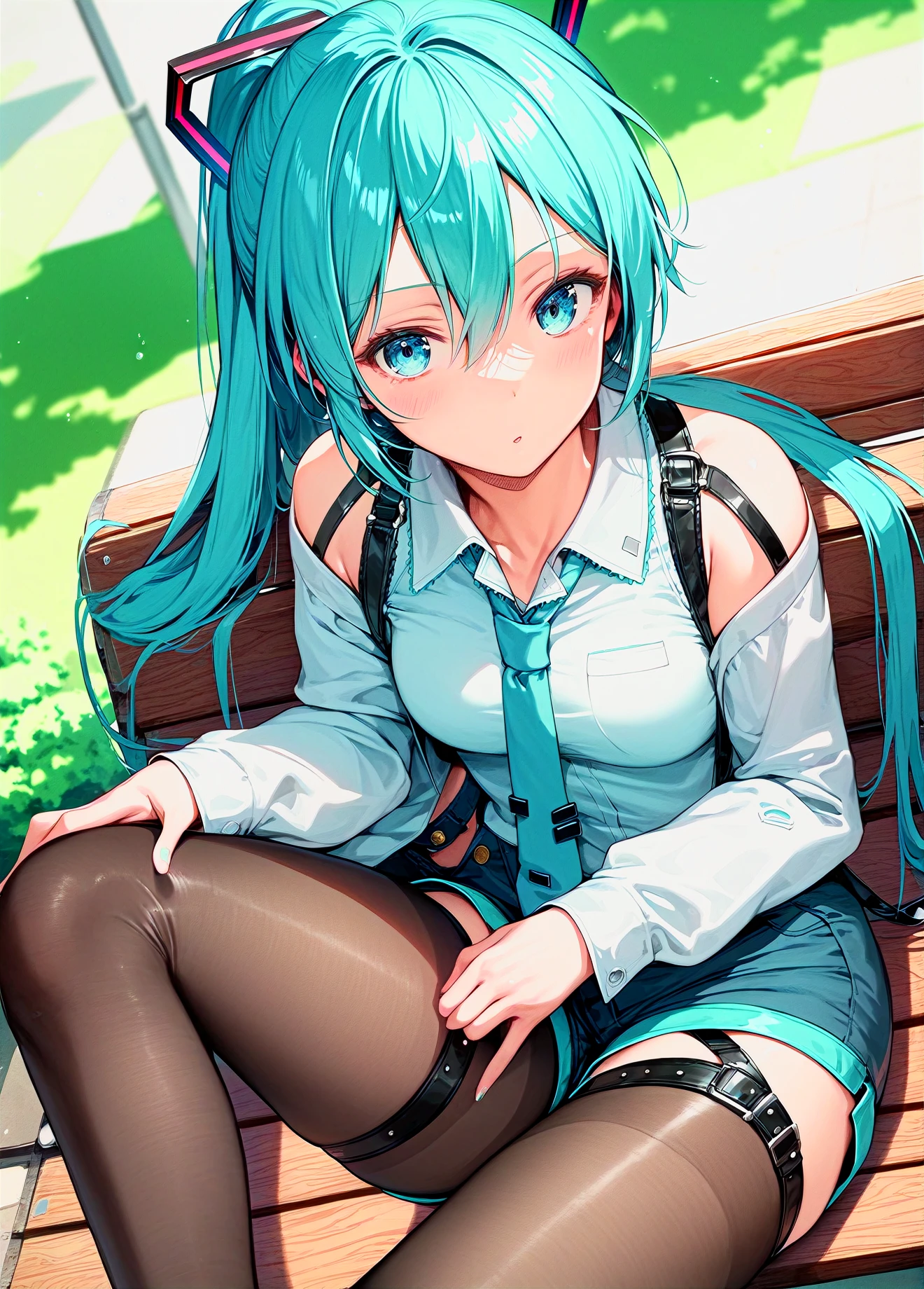 score_9, score_8_up, score_7_up, score_6_up, a girl sitting on a park bench, (hatsune miku:0.8), shorts, straps, pantyhose, long sleeves, collared shirt, ponytail, dutch angle, highleg shorts, straps shoulders
<lora:noise_style_pony6_v1-000016:1>