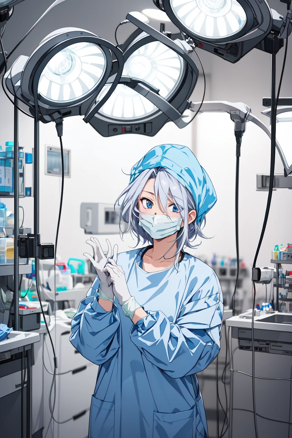 (RAW photo, best quality), 1girl, long sleeve surgical outfit, surgical mask,  surgical gloves, surgical cap,  operating room, overhead surgical light, blurred background, focused
 <lora:concept_surgery_gloving_v2_1:1>, putting_on_surgical_gloves,
 <lora:innai_kansen_midou_emiko_v3_2:0.9> midou emiko,