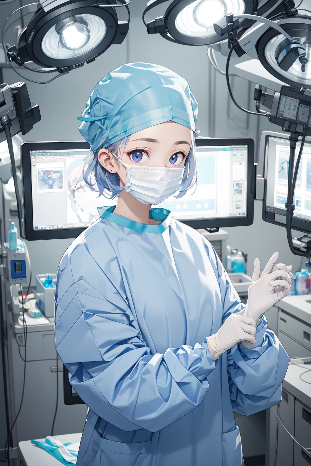 (RAW photo, best quality), 1girl, long sleeve surgical outfit, surgical mask,  surgical gloves, surgical cap,  operating room, overhead surgical light, dslr, blurred background, focused
 <lora:concept_surgery_gloving_v2_1-000005:1>, putting_on_surgical_gloves