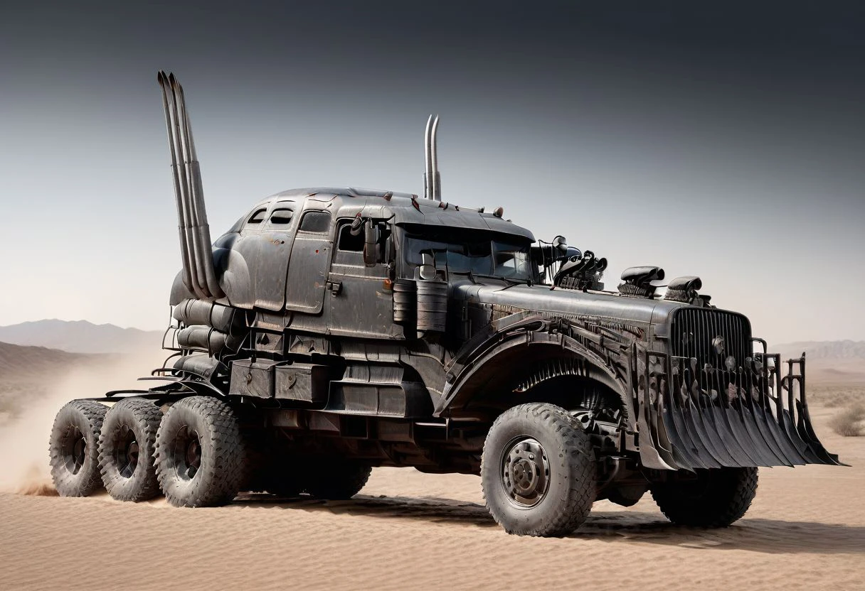 1vehicle, war rig rat rod truck with long exhaust pipes and a cowcatcher plough at the front, wheels, vehicle focus, driving through a desert, daytime, sunlight, high contrast, highly detailed, award-winning photo, realistic, high contrast, volumetric lighting, global illumination, Cinematic, Cinematic Shot, Cinematic Lighting, epiCPhoto,