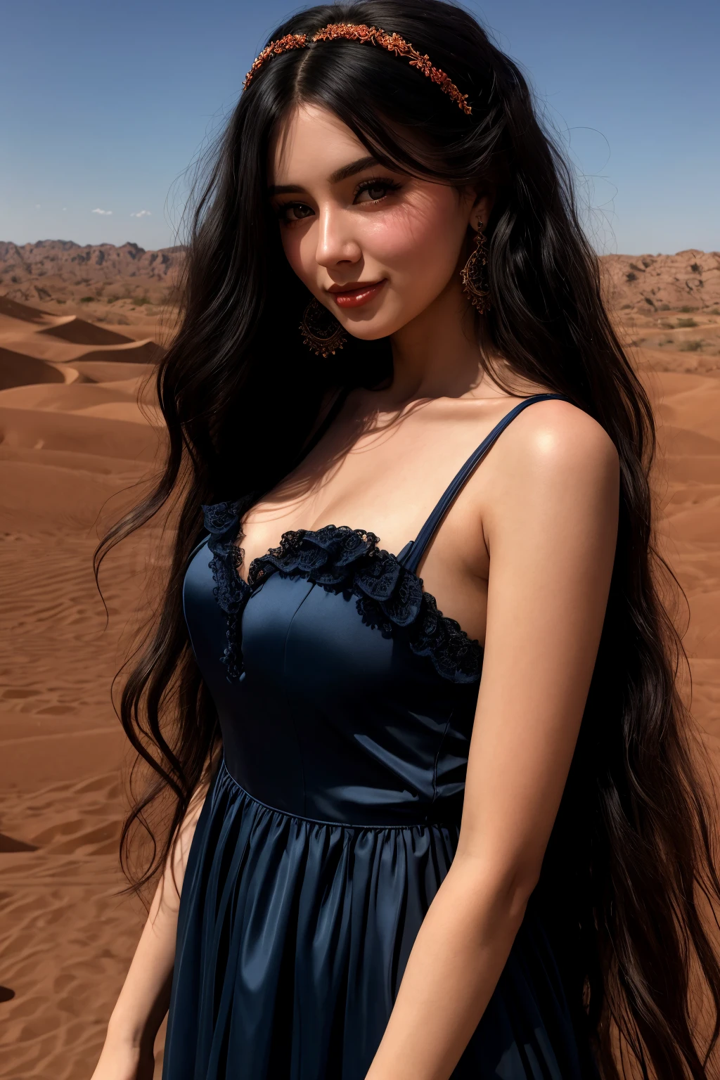 masterpiece, highly detailed 8k, best quality, volumetric lighting, volumetric lighting, intricate, Blue black very long hair young woman in Rich Red rfdrss, sad smile, Dark orange eyes, Desert Oases background <lora:ruffled dress v4.3-000007:1>