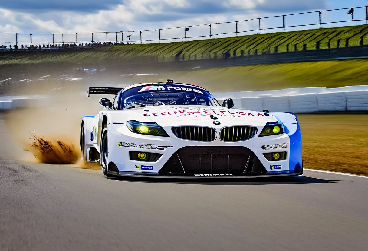 A meticulously detailed digital art background featuring the BMW Z4 GTE E89 tearing up the track at an England rallycross event. The scene captures the raw power and agility of the Z4 GTE as it navigates the challenging terrain of the rallycross circuit, kicking up dirt and debris with each thrilling turn. Spectators line the track, their excitement palpable as they witness the adrenaline-fueled action unfold before their eyes. The English countryside provides a picturesque backdrop, with rolling hills and lush greenery adding to the intensity of the scene. Every detail of the car and its surroundings is rendered with precision, from the dynamic movement of the Z4 GTE to the vibrant colors of the English landscape. This background is crafted to immerse viewers in the excitement of rallycross racing and showcase the BMW Z4 GTE E89 in all its glory, cinematic lighting, multiple views, Wide-Angle, Ultra-Wide Angle, 135mm, f/1.8, Canon, UHD, retina, masterpiece, super detail, award winning, best quality, 4K