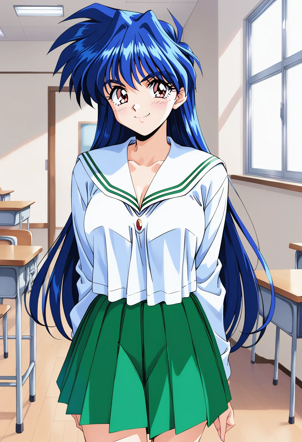 <lora:pony_xl_teruhashi:0.8>,teruhashi,score_9,score_8_up,score_7_up,source_anime,1girl,solo,skirt,school uniform,serafuku,sailor collar,green skirt,pleated skirt,kneehighs,smile,;d,blush,open mouth,classroom,looking_at_viewer,sitting_on_chair,knees_together_feet_apart,