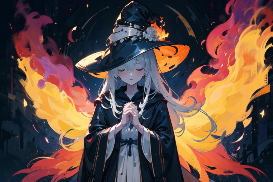 solo, 1girl, silver long hair, witch hat, hat over eyes, own hands together, witch robe dress, black sky background, moon, fiery wings