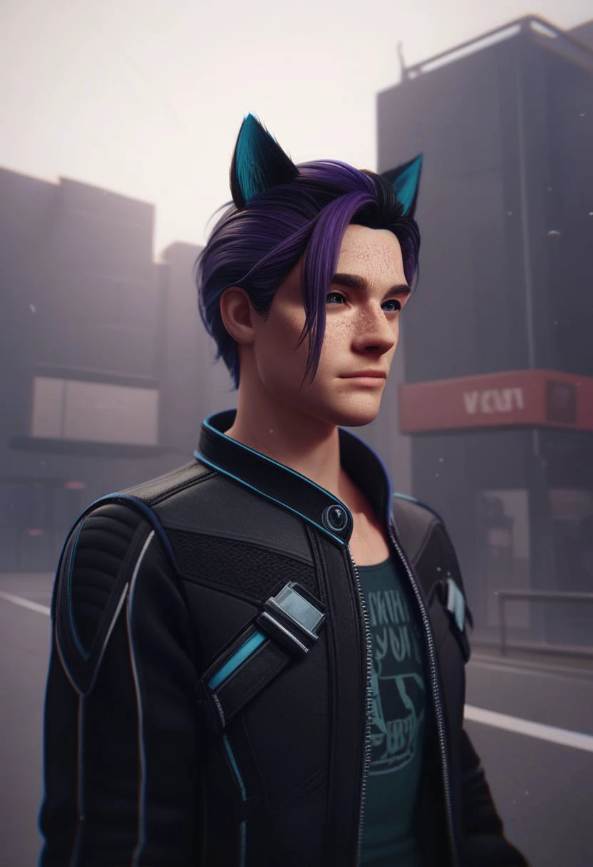 Maverick Ellis Rowe, solo, short hair, grey eyes, purple hair, 1boy, animal ears, jacket, upper body, male focus, cat ears, black jacket, freckles, outdoors, lakeside, PonyXLV6_Scores zPDXL