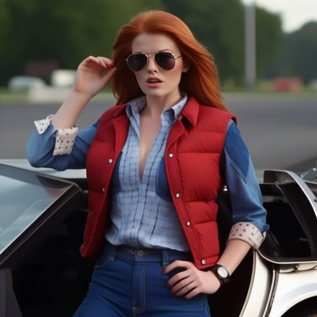 cinematic photo a surprised very busty redhead woman wears a buttondown jean shirt, cleavage, sunglasses, jeans pants, red vest, look at her watch, car, back to the future <lora:McFly1024:0.8> . 35mm photograph, film, bokeh, professional, 4k, highly detailed