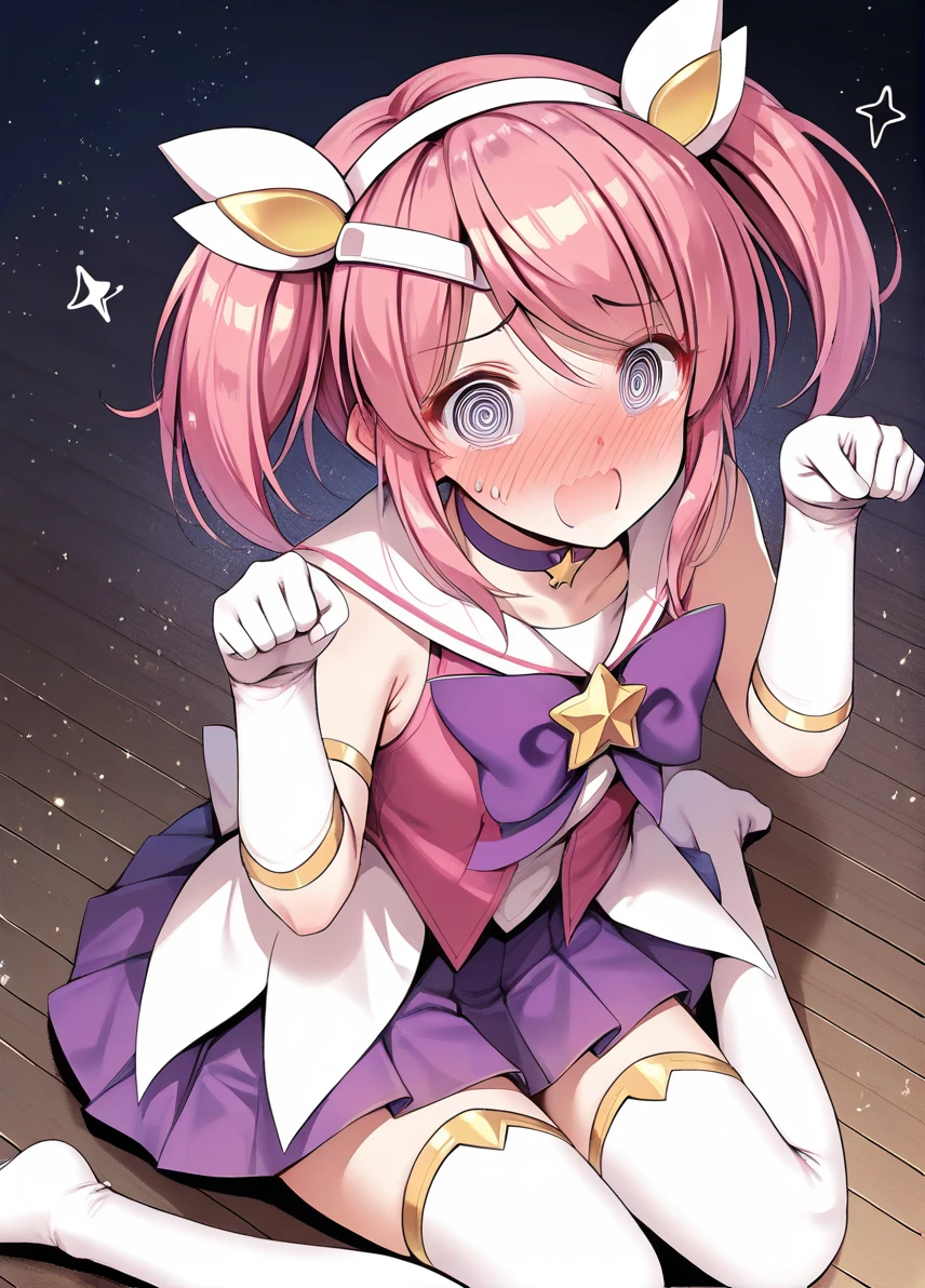 score_9, score_8_up, score_7_up, score_6_up, a girl sitting on the floor, paw pose, open mouth, fake cat ears, light particles, sunbeam, reflective floor, @ @, full-face blush,
<lora:noise_style_pony6_v1-000016:1> <lora:startguardian_lux_pony6_v1:.6> lxstrgrdn, magical girl, star \(symbol\), tiara, elbow gloves, purple choker, sailor collar, hair ornament, white thighhighs, skirt