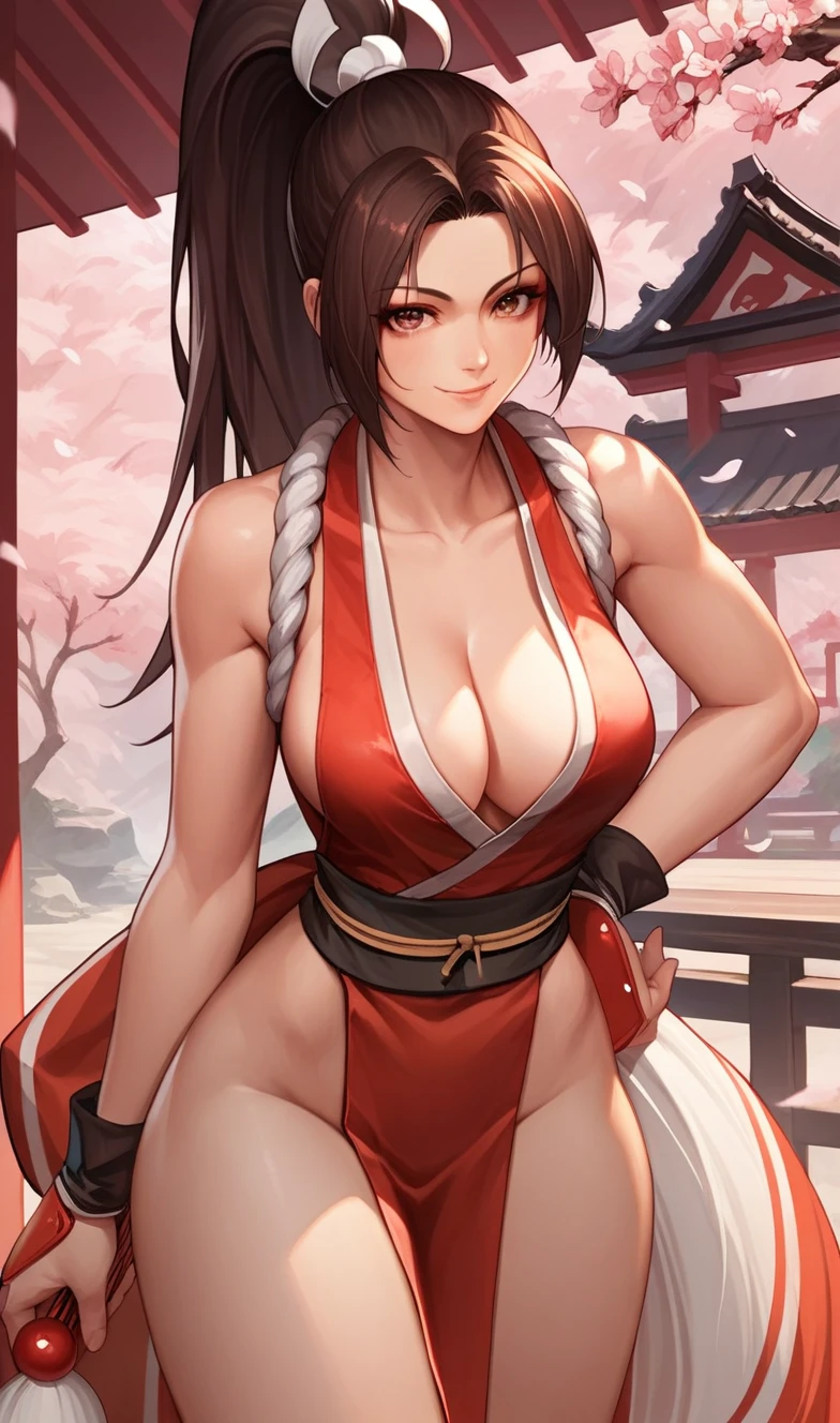score_9, score_8_up, score_7_up, score_6_up, source_anime, BREAK masterpiece, PonyShiranui, revealing clothes, japanese clothes, high ponytail, cleavage, pelvic curtain, smile, japanese setting, cherry blossoms,  large breasts, extra detail, intricate detail, looking at viewer, 