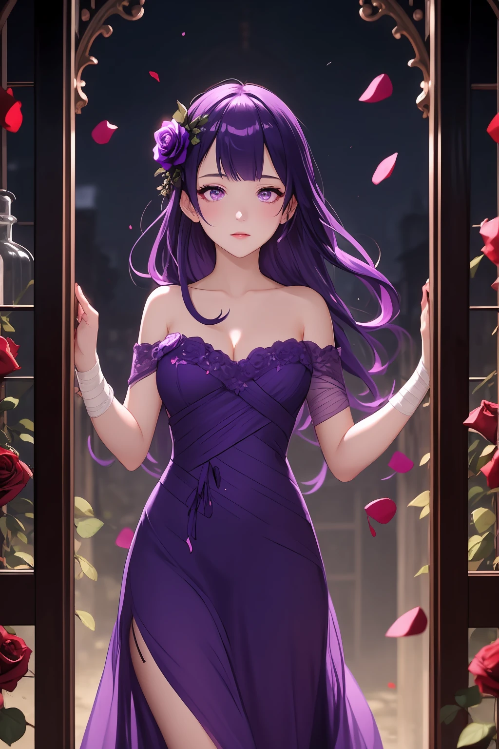 masterpiece,1girl,long hair,braid,purple eyes,bangs,purple hair,(evening_gown:1.2),looking at viewer,hair ornament,standing,<lora:lbc_yayi0427:0.7>,((rose)), (vine), cage, bandage, red rope, (detail light), falling rose petals,