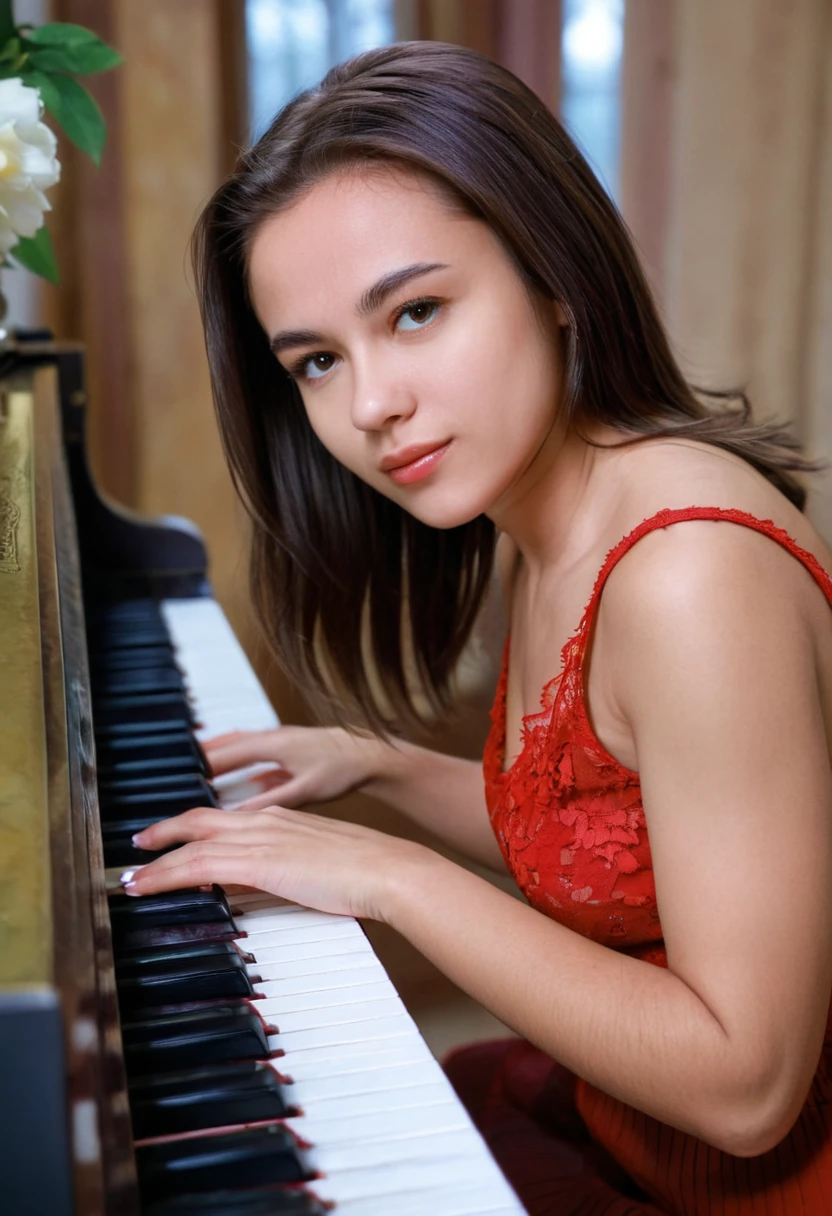 Young sweet beautiful Indonesian girl, 22 years old, slim body, georgeus face, messy hairs pony tailed with a bangs, greek nose, wearing white thin beautiful dress, very realistic, very detail, sweet cute smiling, sitting cheerful playing a grand piano to singing alone in empty room,