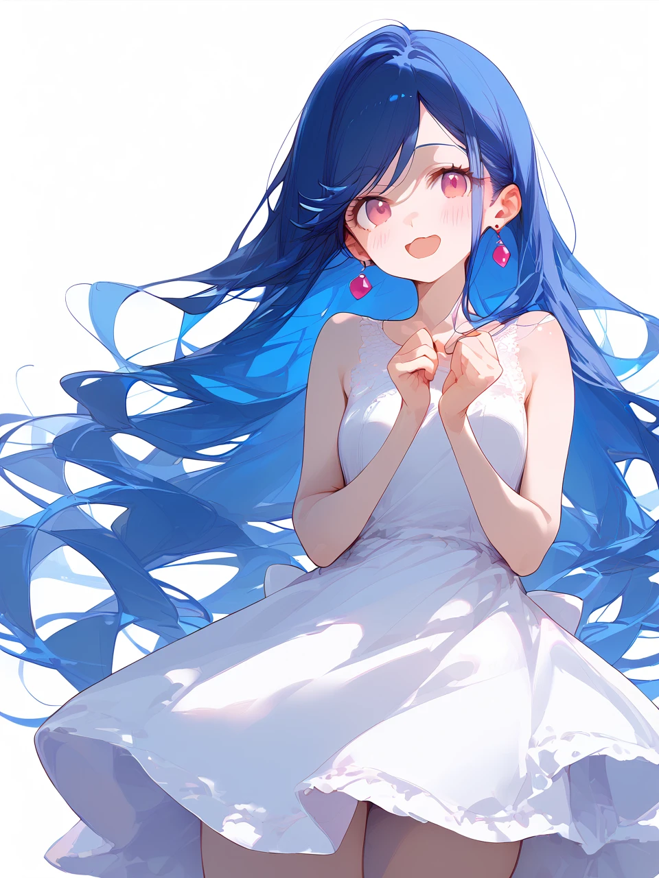 1girl, 
score_9, score_8_up, score_7_up, open mouth, very long hair, blue hair, dot nose, swept bangs, solo, hands up, hair behind ear, long hair, sleeveless dress, earrings, wavy mouth, simple background, blush, bare arms, pink eyes, dress, :d, smile, sleeveless, white background, collarbone, jewelry, bare shoulders, looking at viewer, white dress, sidelocks