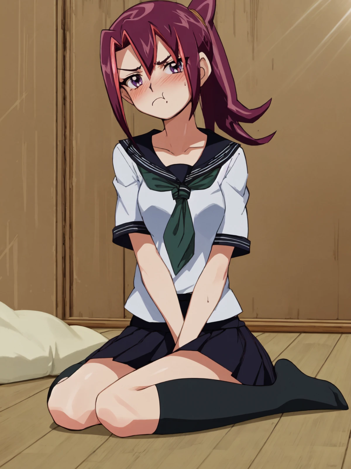 SLE, mksks style, detailed background absurdres, highres, full body, solo, 1girl, <lora:Akari Tsukumo (Yu-Gi-Oh ZEXAL):1>, akari_tsukumo, akari_school_uniform, black skirt, black socks, no shoes, sitting, wariza, annoyed, (pout, :t), head tilt, blush, looking at viewer, facing viewer, indoors, wooden floor, sunlight