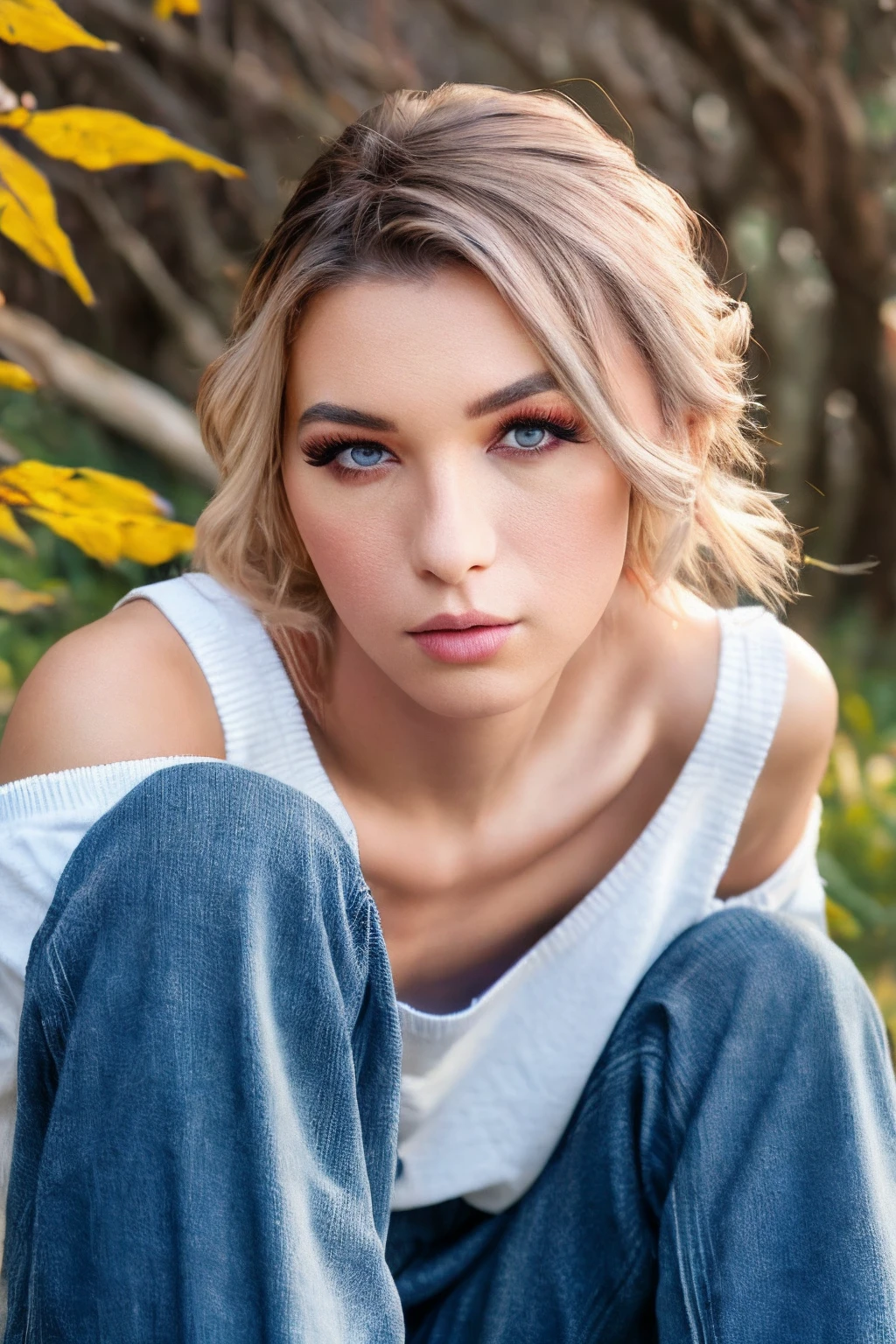 <lora:Aubrey_Kate_TS_Lora:0.85>, photo of 4ubr3y, full-length portrait, best quality, sitting, autumn, leaf, on grass, tree, park, jeans, oversized sweater, bare shoulders, collarbone, intricate realistic photo, Century Camera Co. Studio, 160mm f/8, 1/10s, ISO 25, tintype, film grain, ((detailed eyes)), epiCRealism, epiCPhoto