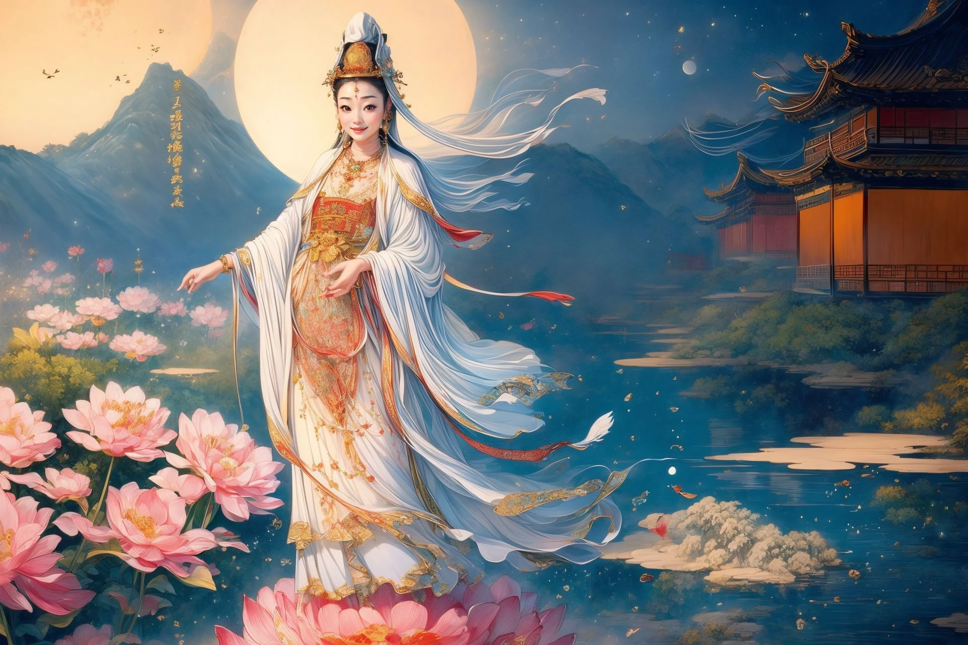 ((best quality)), ((masterpiece)), (detailed) ,
((guanyin,1girl),water,traditional media,jewelry, moon,flowers),
 (xinjin ,chinese text,  text focus,wall of text),
jile, east asian architecture,architecture,
<lora:add_detail:1>,<lora:yuzuv10:0.5>, <lora:bguanyinv3:0.887>