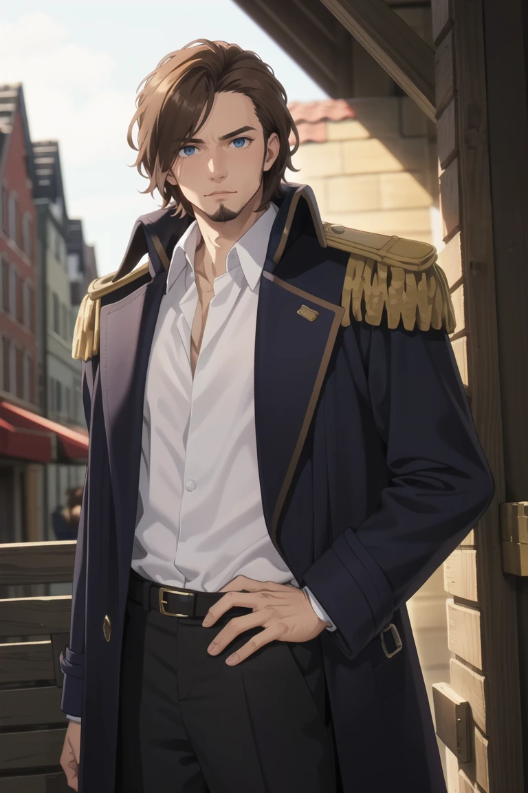 solo male, Graf Granat \(Frieren: Beyond Journey's End\), brown hair, hair parted to one side, facial hair, stubble, blue eyes, sanpaku, white collared shirt, exposed shirt, black pants, matching boots. dark blue coat, open coat, (coat over shoulders), gold epaulettes, mature, handsome, charming, alluring, standing, upper body, perfect anatomy, perfect proportions, best quality, masterpiece, high_resolution, dutch angle, cowboy shot, photo background, palace
,Masterpiece<lora:EMS-359704-EMS:0.800000>