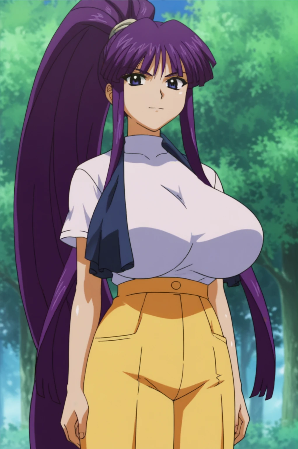 rating_safe, sharp, score_10, score_9, score_8_up, consistent background, anime screencap, flat colors, flat shadows, Kirika Misono, large breasts <lora:Eiken-PDXL:0.7>