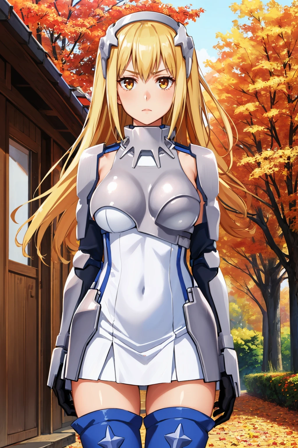 masterpiece, best quality, 1girl, <lora:aiswallenstein-nvwls-v1-000009:0.9> ais wallenstein, hairband, armored dress, gauntlets, black gloves, thigh boots, looking at viewer, upper body, large breasts, serious, closed mouth, village, autumn