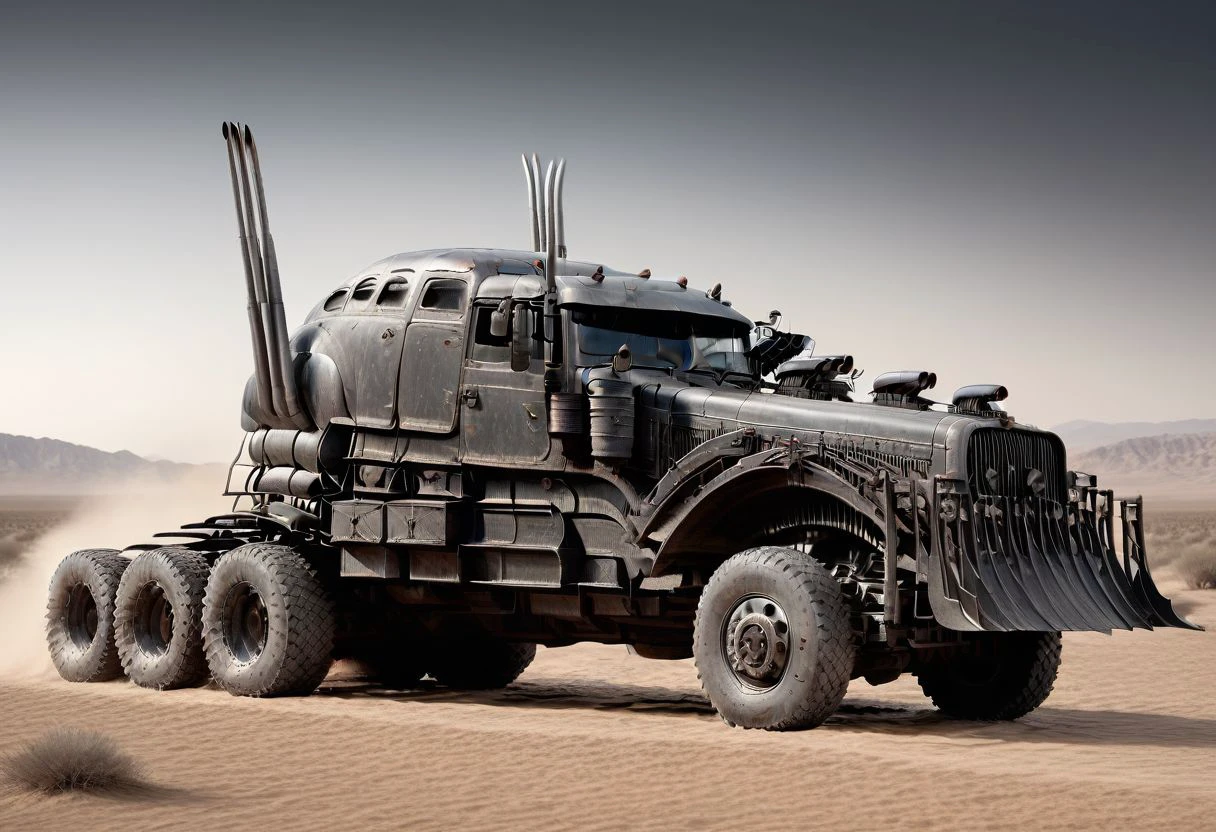 1vehicle, war rig rat rod truck with long exhaust pipes and a  cowcatcher plough at the front, wheels, vehicle focus, driving through a desert, daytime, sunlight, high contrast, highly detailed, award-winning photo, realistic, high contrast, volumetric lighting, global illumination, Cinematic, Cinematic Shot, Cinematic Lighting, epiCPhoto,