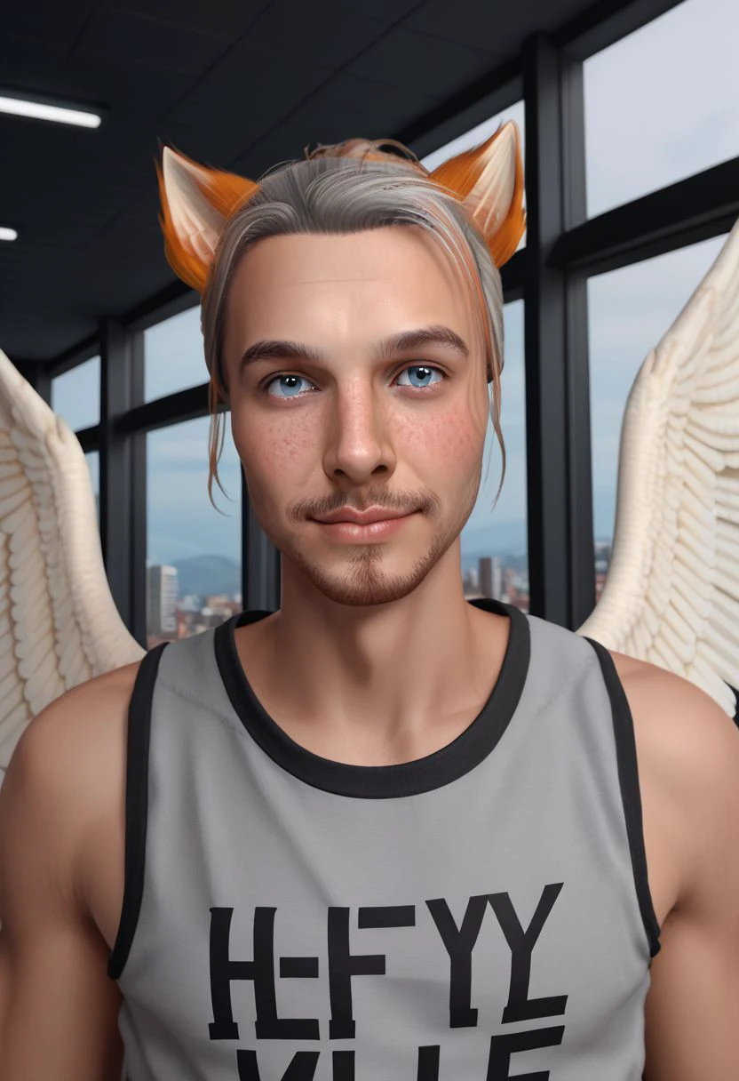 Roiadan Vanzey, solo, looking at viewer, blue eyes, 1boy, animal ears, upper body, grey hair, male focus, wings, tank top, portrait, sidelighting, happy accidents, enigmatic, facial hair, feathered wings, freckles, nightclub scene, windows, signs, PonyXLV6_Scores zPDXL